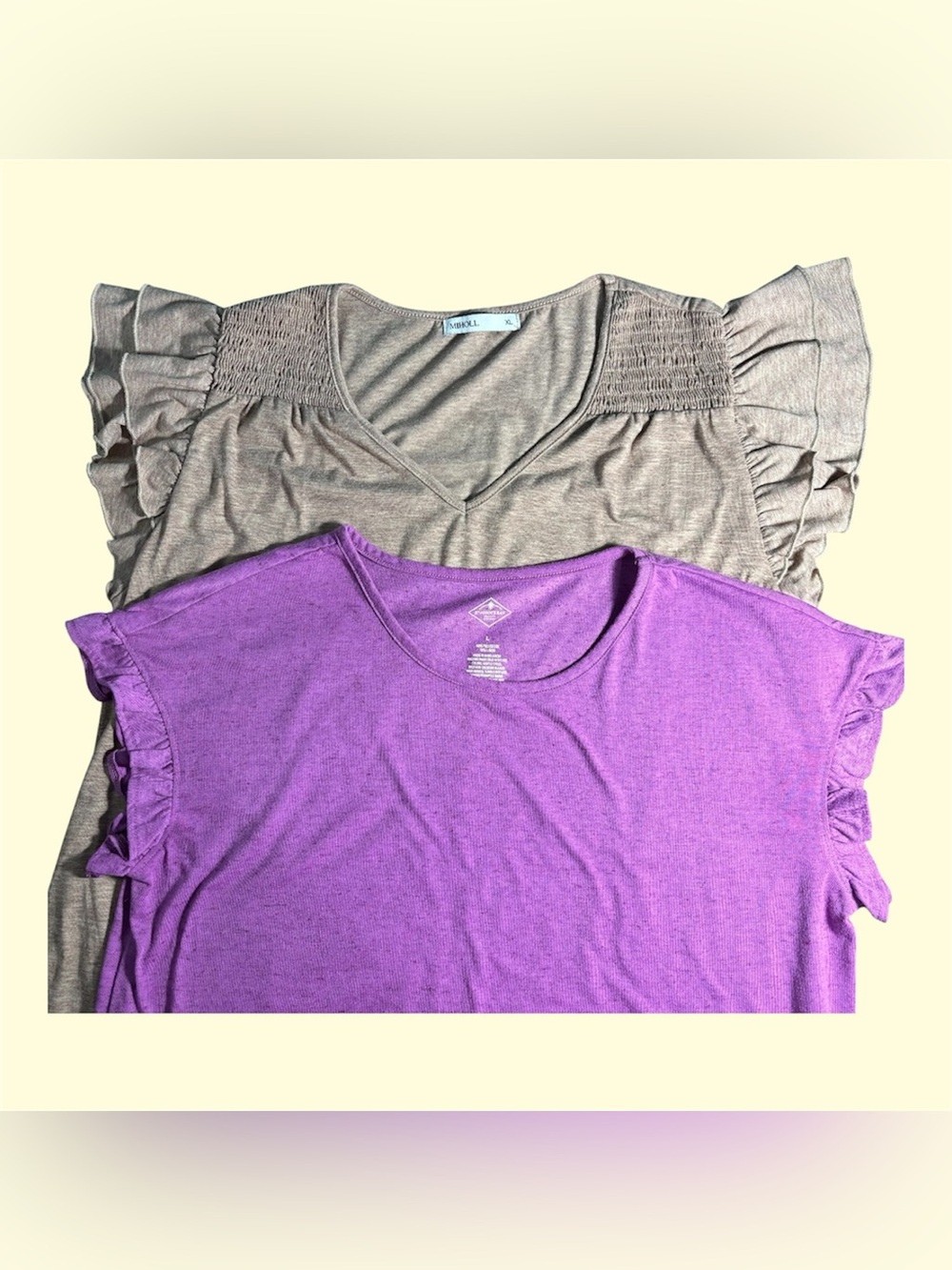 SET OF 2 Women’s Ruffle Sleeve Tops L/XL Romantic Feminine Business Brown Violet